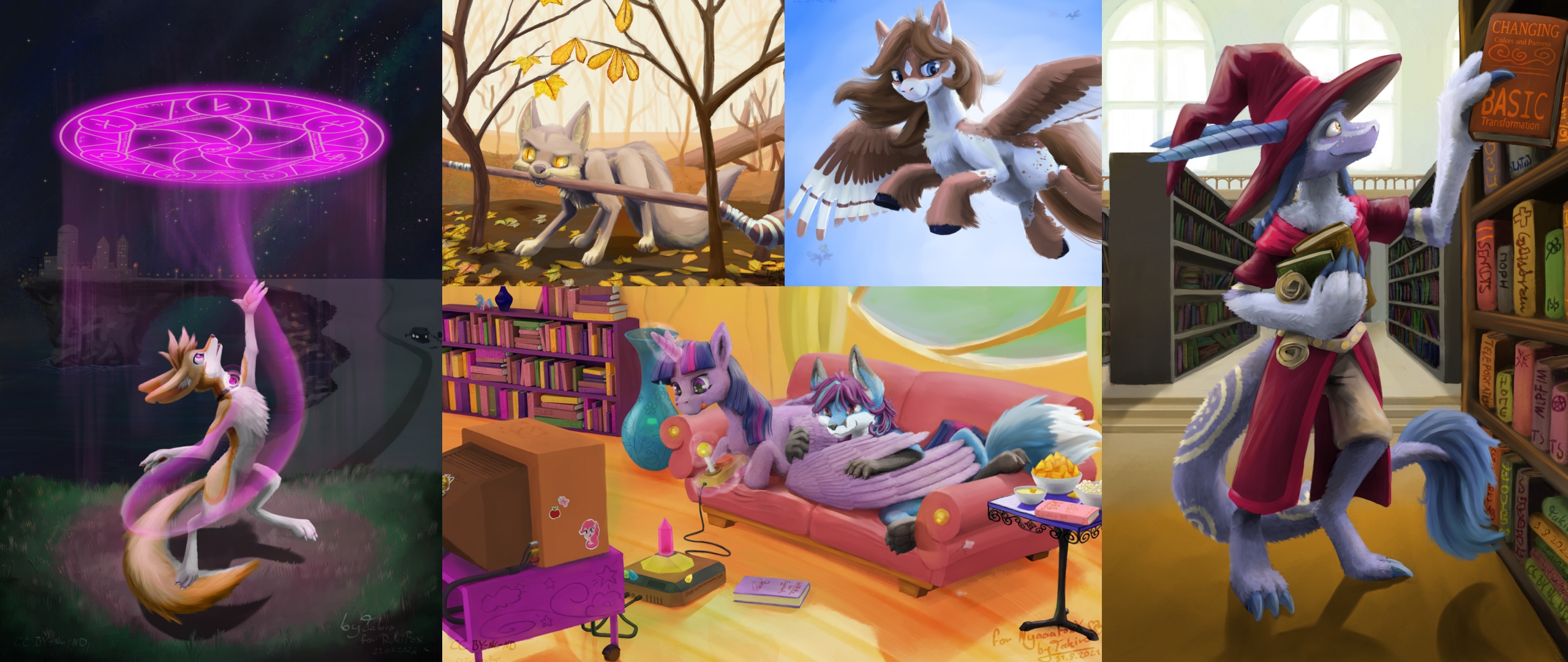 Banner image showing various artworks. A fox casting a spell. A pony playing video games. A fox stuck between thwo small trees with the staff in his moutn. A Pegasus flying through the blou sky and a goat like wizard creature taking books from a shelf in a library.